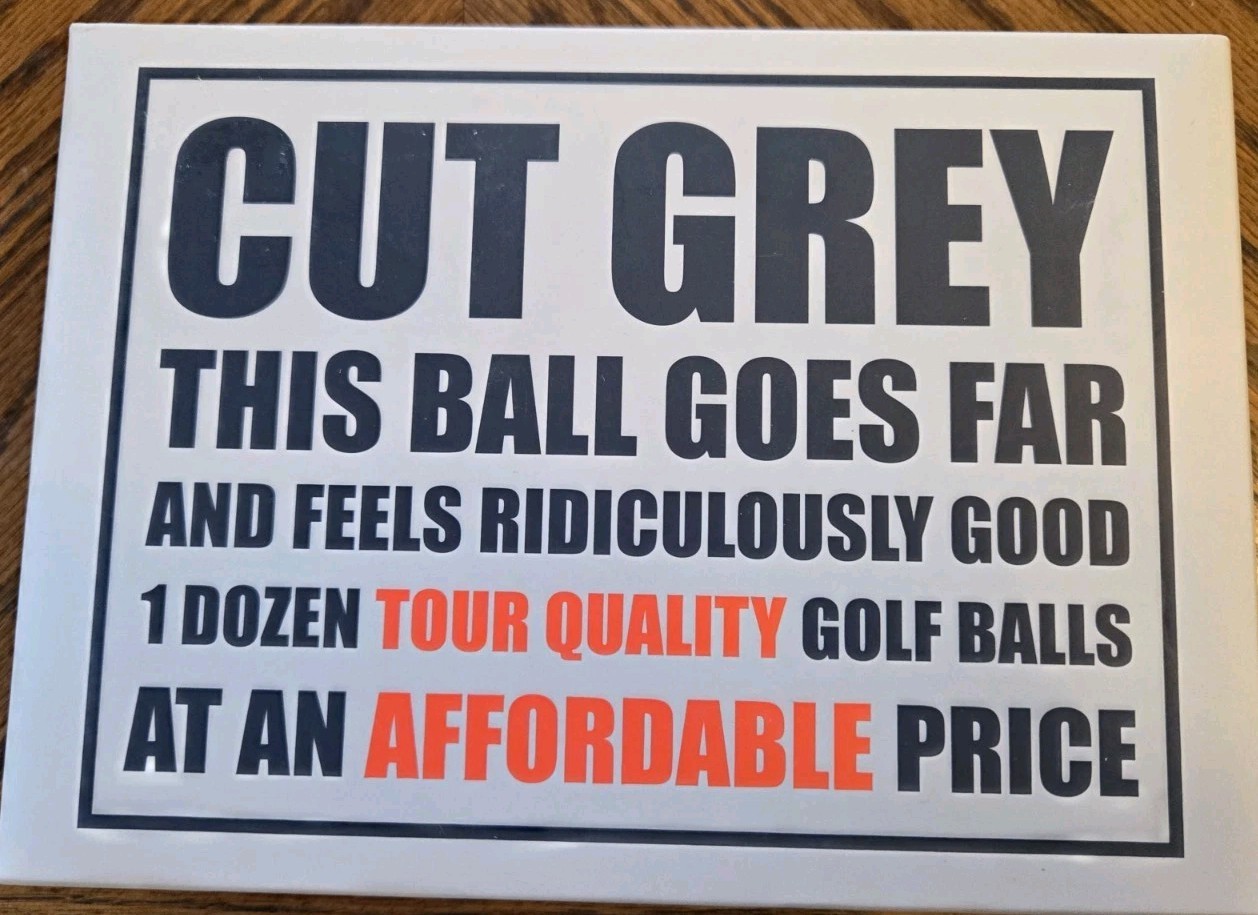 Cut Grey High Performanc Golf Balls Box of Twelve White with Blk Cut Grey Logo.