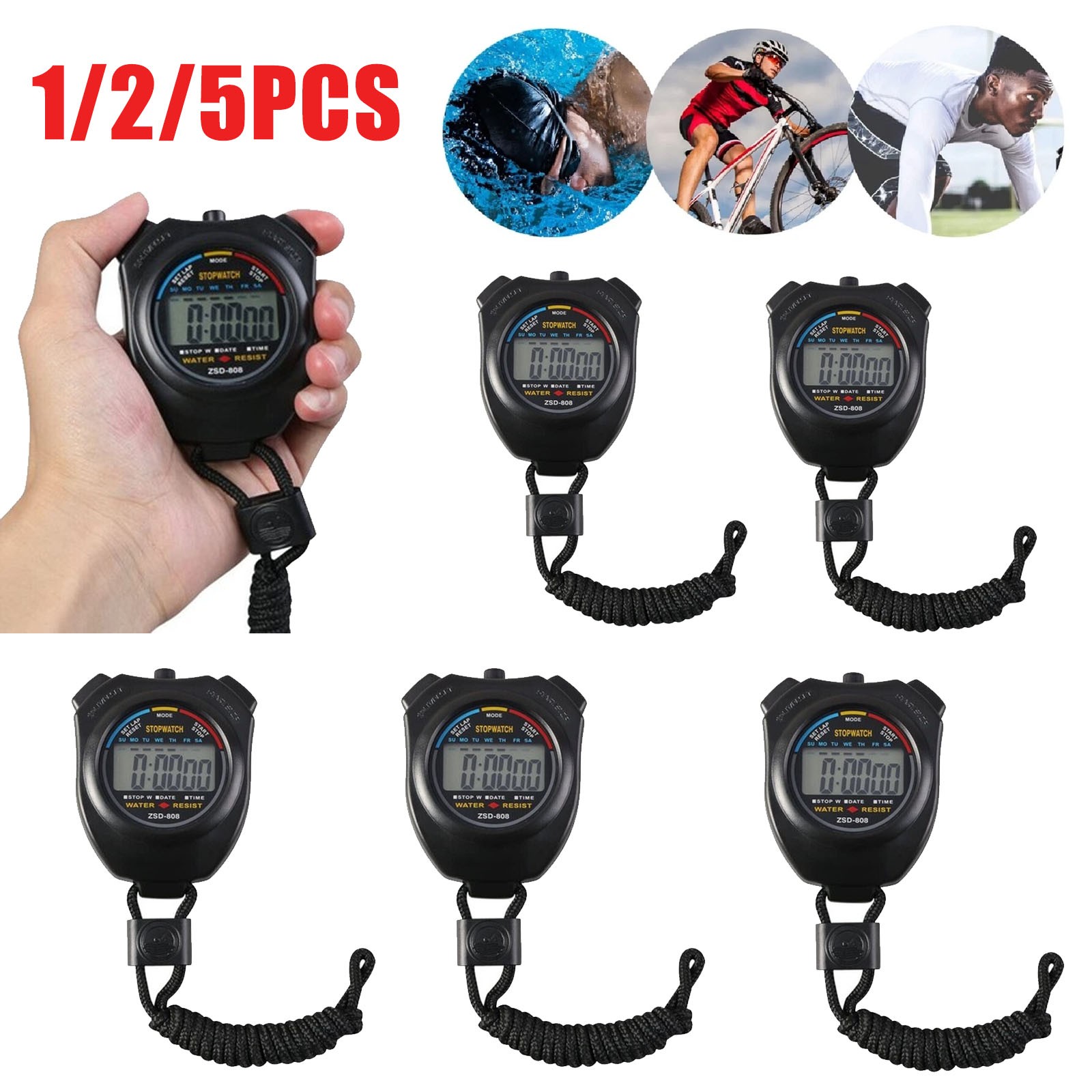 1-5pc Multi-Function Digital Sports Stopwatch Timer Large Display Odometer Watch