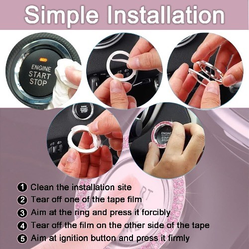 2-Pack Pink Crystal Car Engine Start Stop Button Decorative Ring Sticker, Interi
