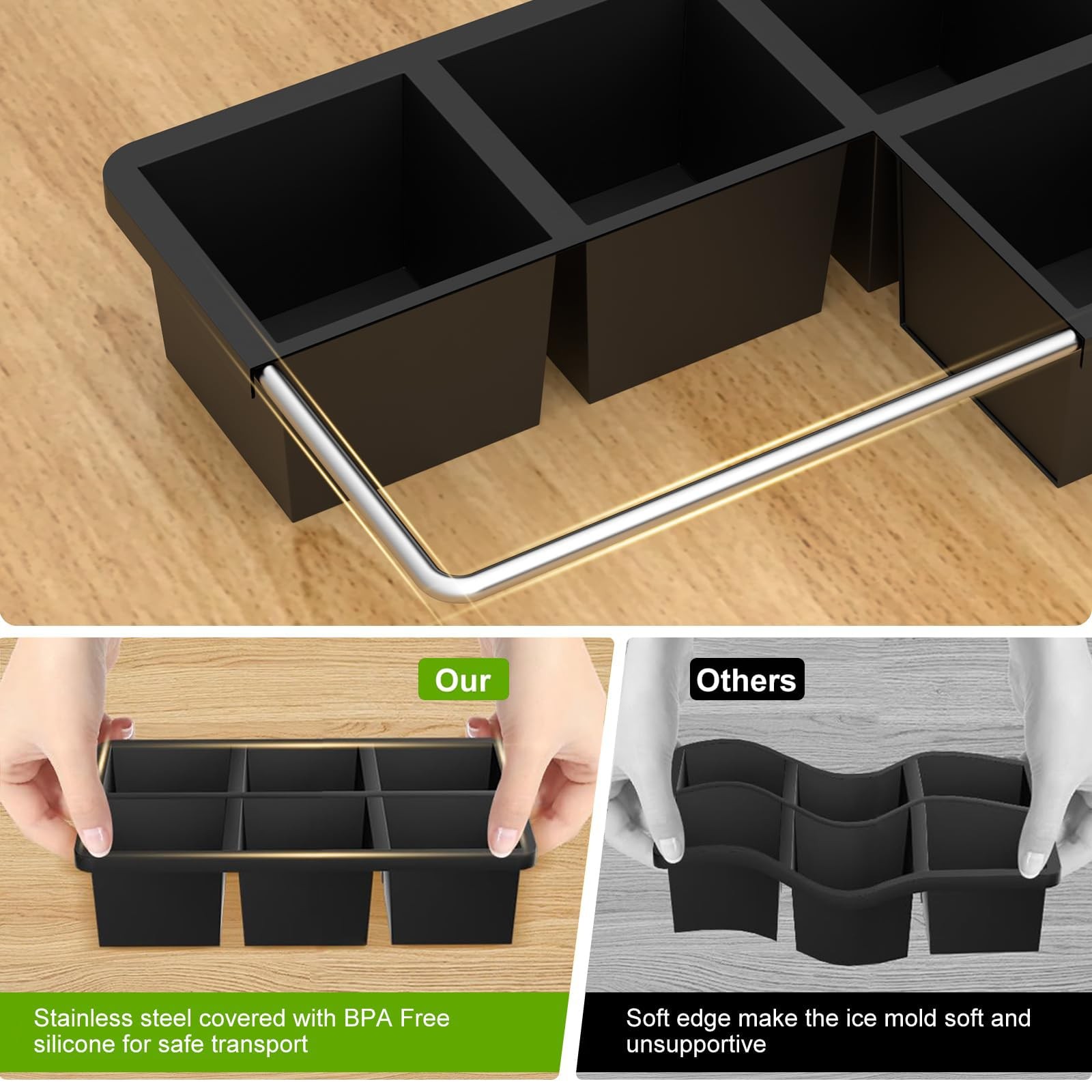 Samuelworld Large Ice Cube Tray with Lid and 6 Cube*3(With Bin), Black