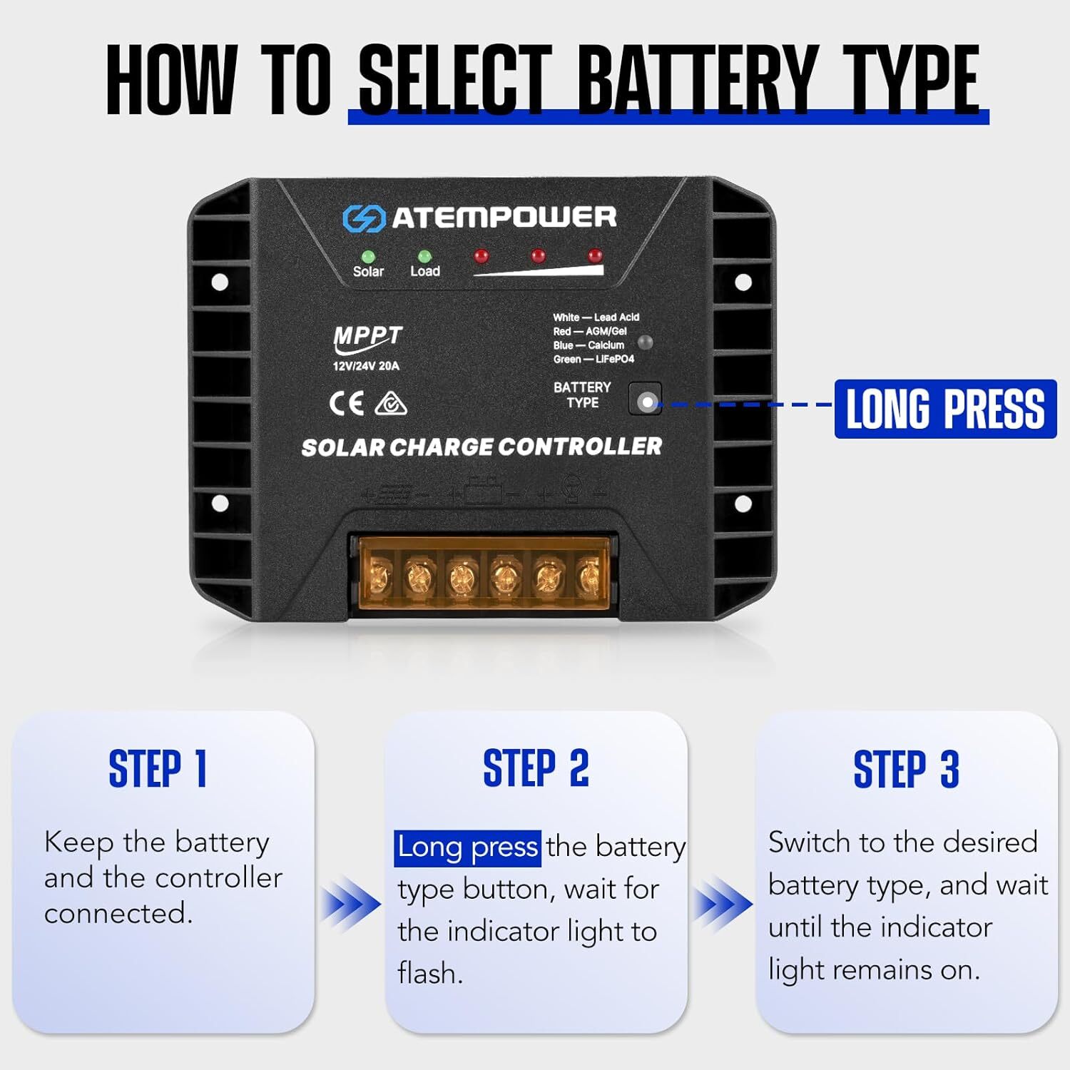 20A 12 24V MPPT Solar Controller Selecting Battery Type Activate Lithium Battery