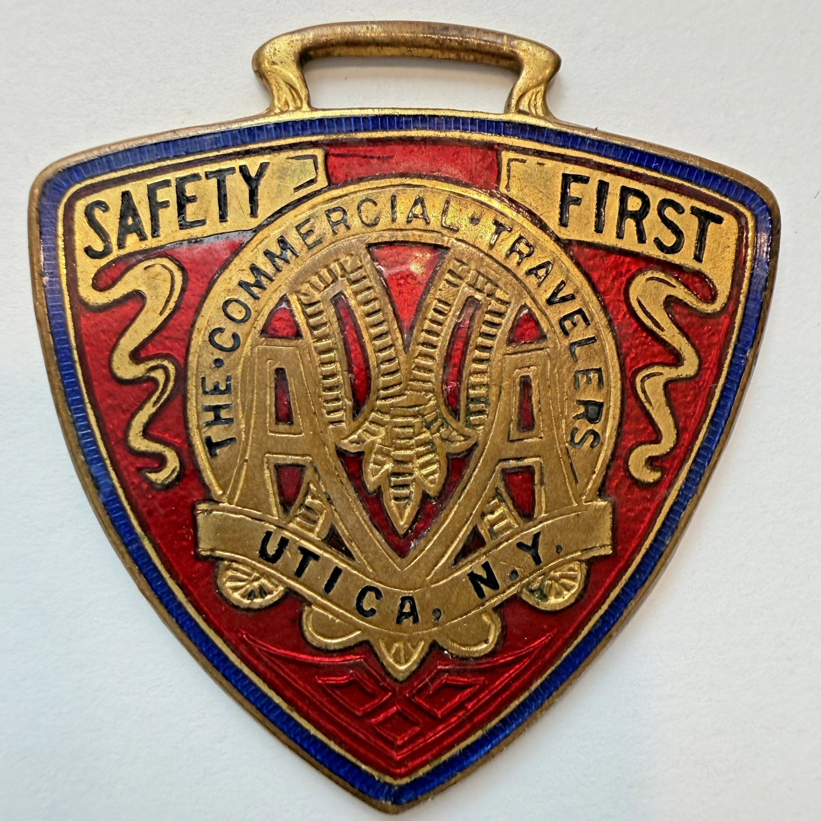 Vintage Safety First The Commercial Travelers Utica, New York Watch Fob Enamel