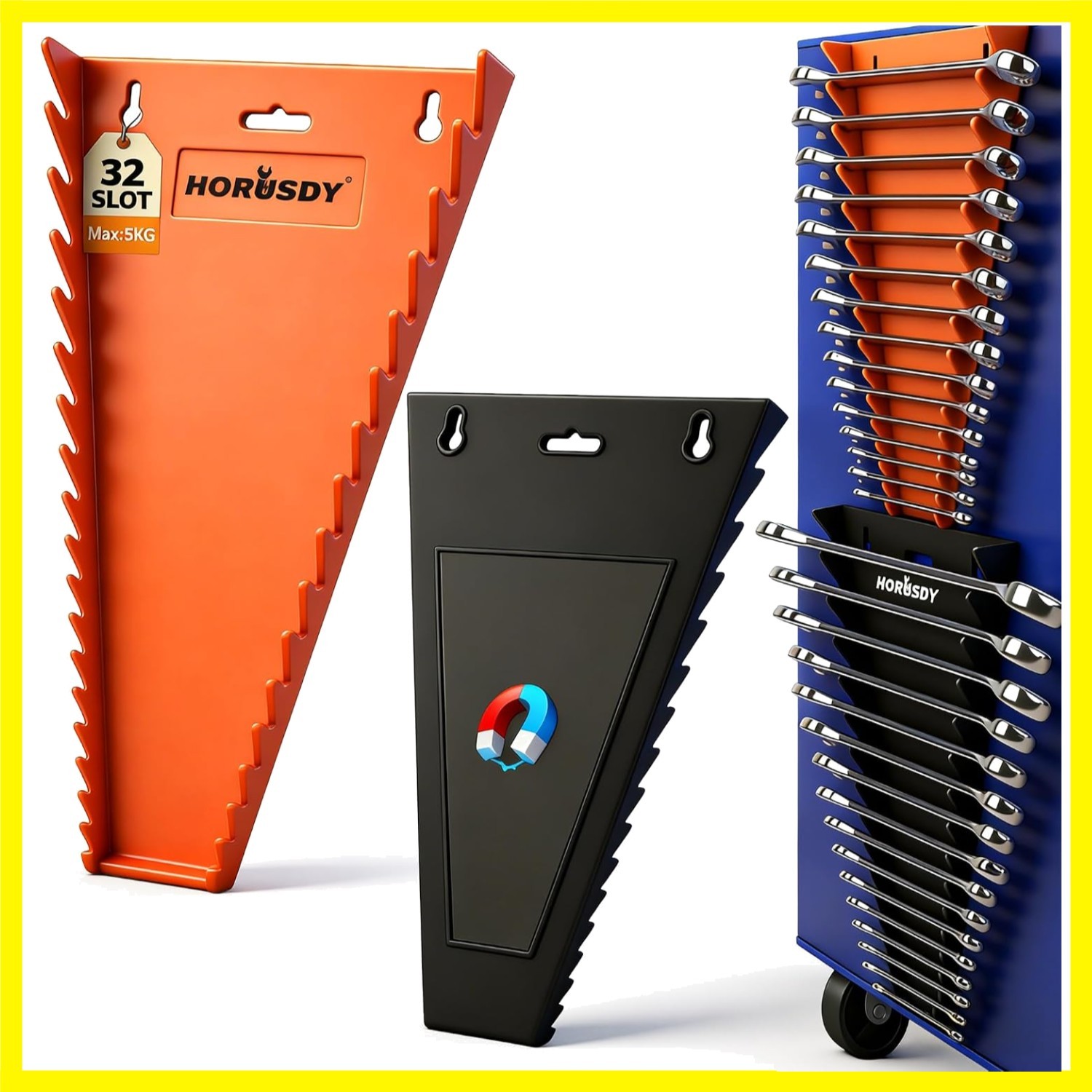 Comprehensive Tool Storage: Magnetic 32-Slot Wrench Organizer in Black & Orange