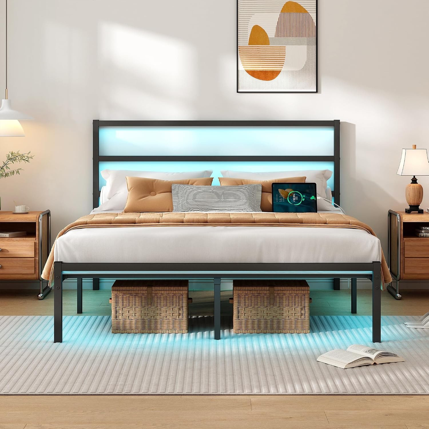 Full Size Bed Frame with Headboard Heavy Duty Steel Slats Support-LED Bed Frame