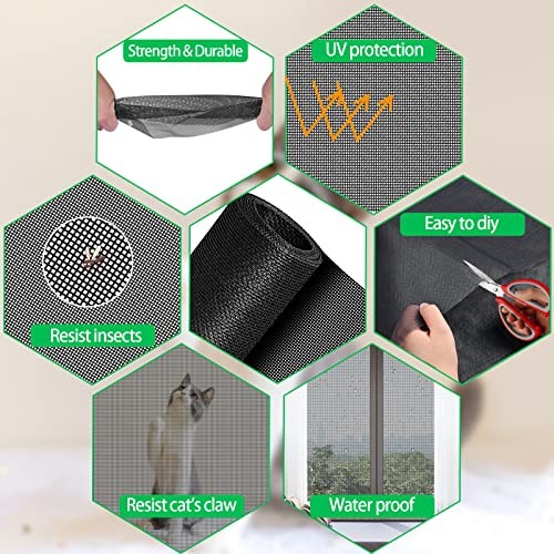 QWR Pet Proof Window Screen Replacement Kit, 48"x118" Durable High Hardness