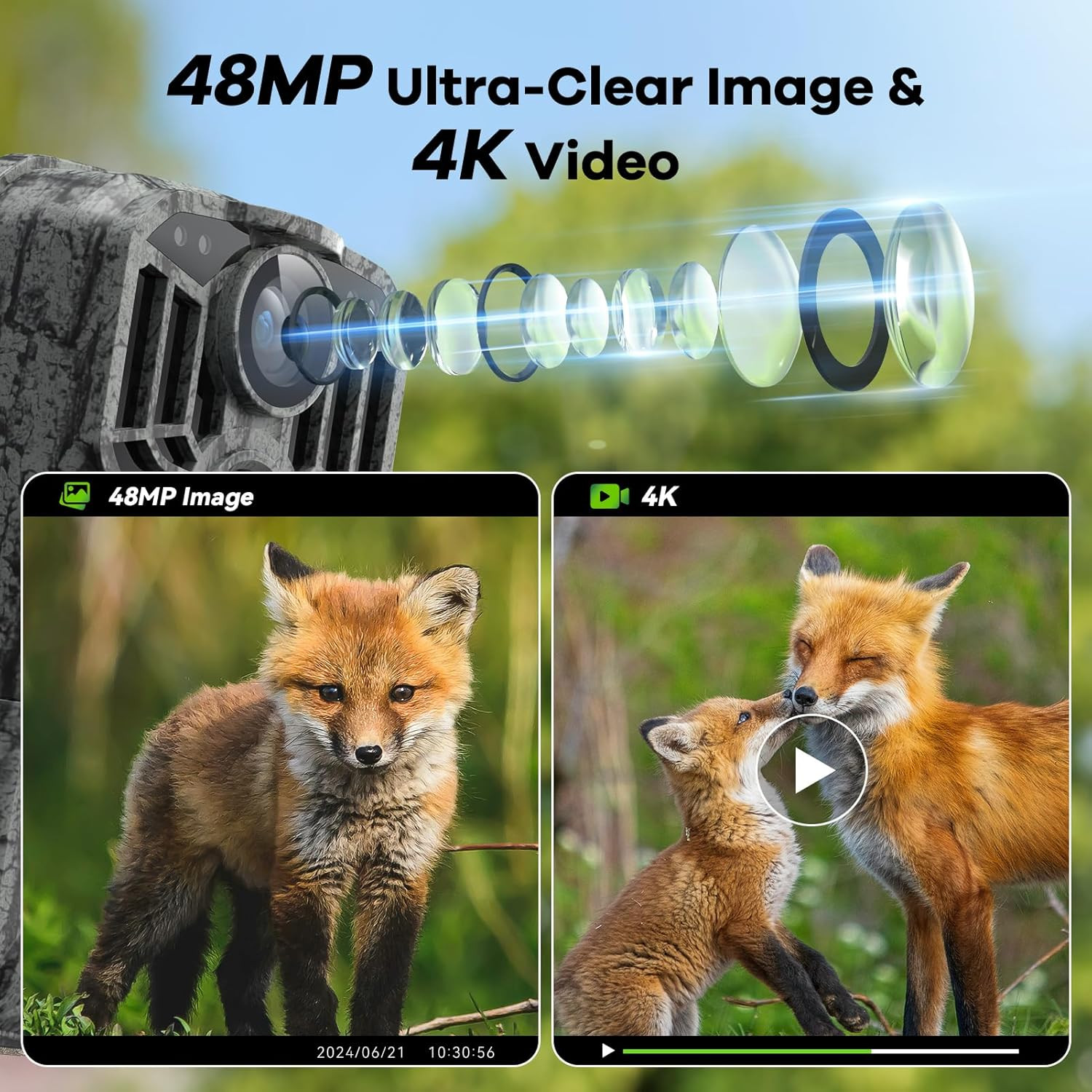 Trail Camera 48MP 4K Game Camera with 8 Batteries 32GB SD Card,Wifi Bluetooth Co