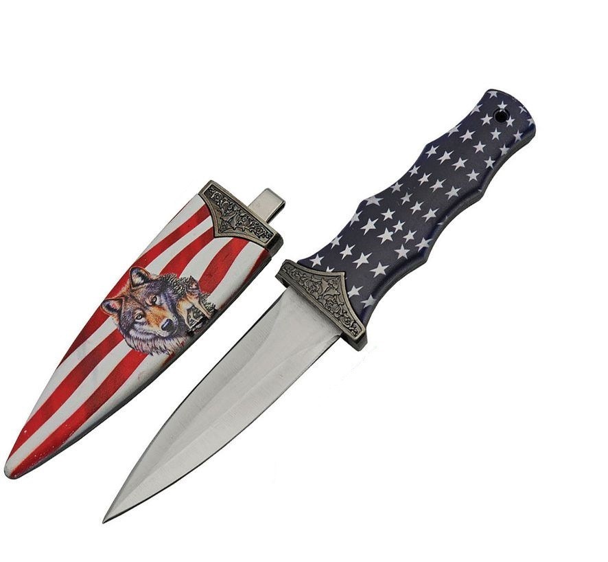 Stars and Stripes Boot Knife American Flag handle with Wolf Art sheath