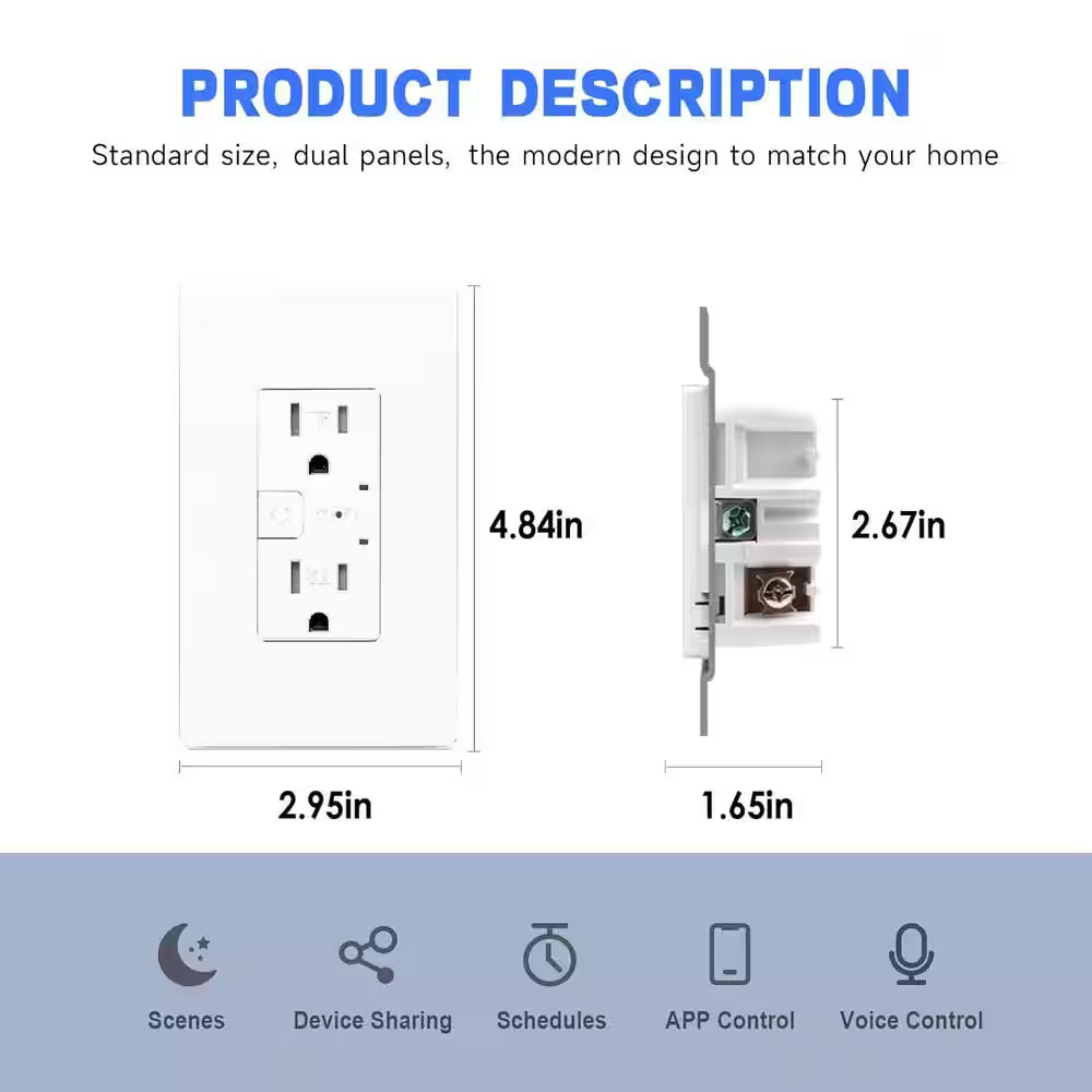 15A Tamper-Resistant Smart Wall Outlet with Alexa, Google Assistant, Timer and S