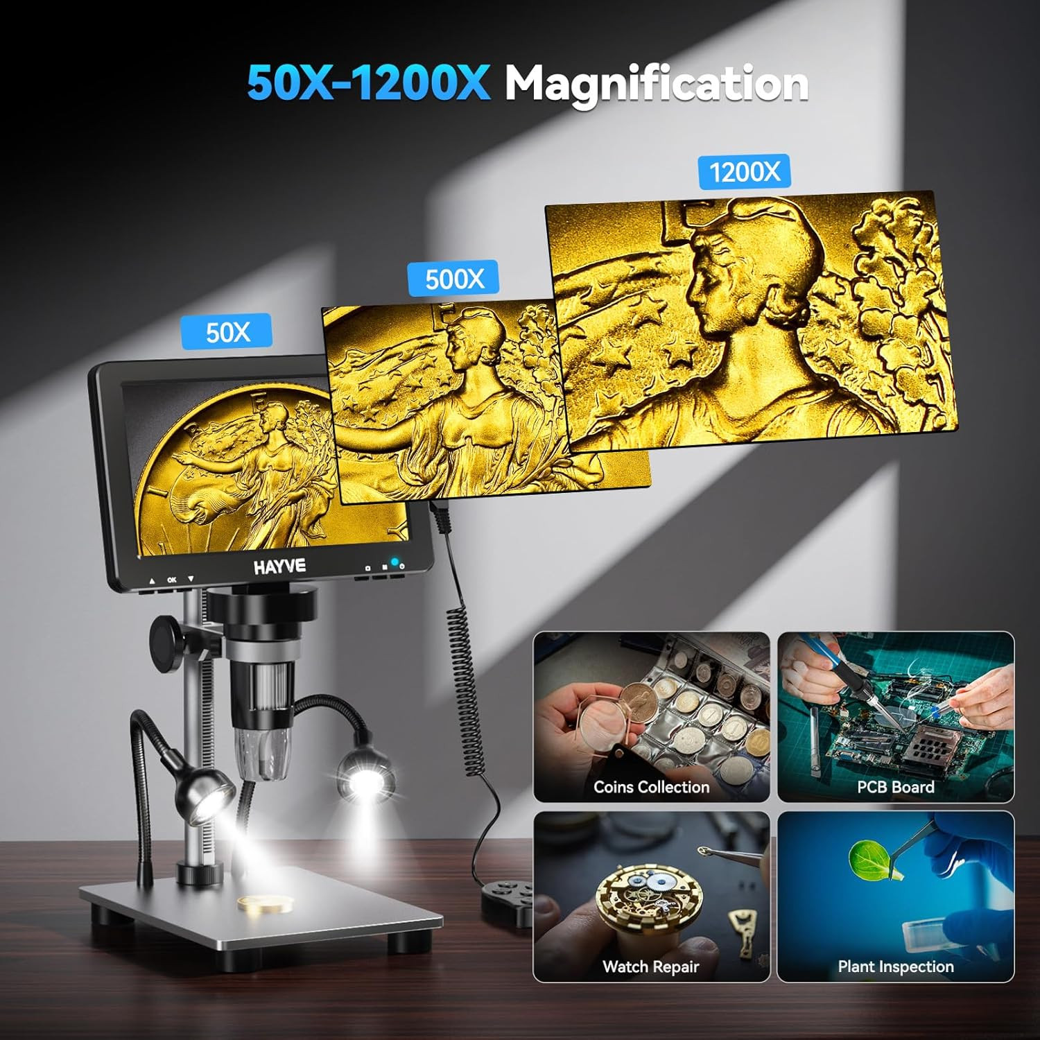 7" LCD Digital Microscope, 1200X Magnification for Coin PCB Circuit