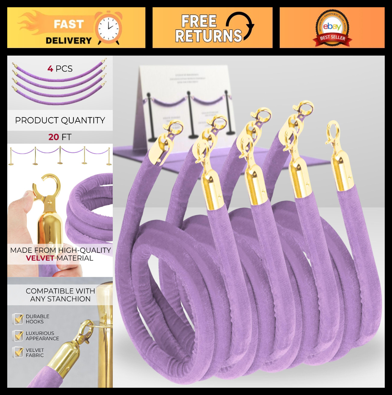 4 PCS Light Purple Velvet Rope Set - VIP Queue Stanchions for Events & Parties