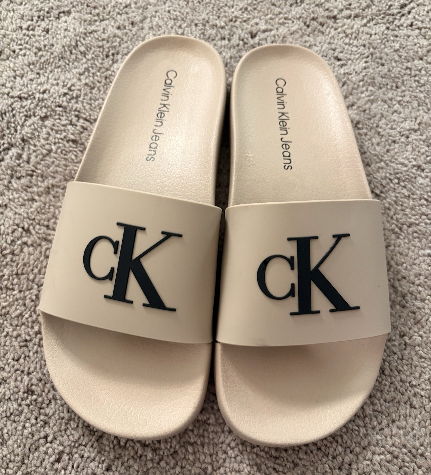 Calvin Klein Jeans Men's Beige Logo Slide Sandals Slip-On Casual