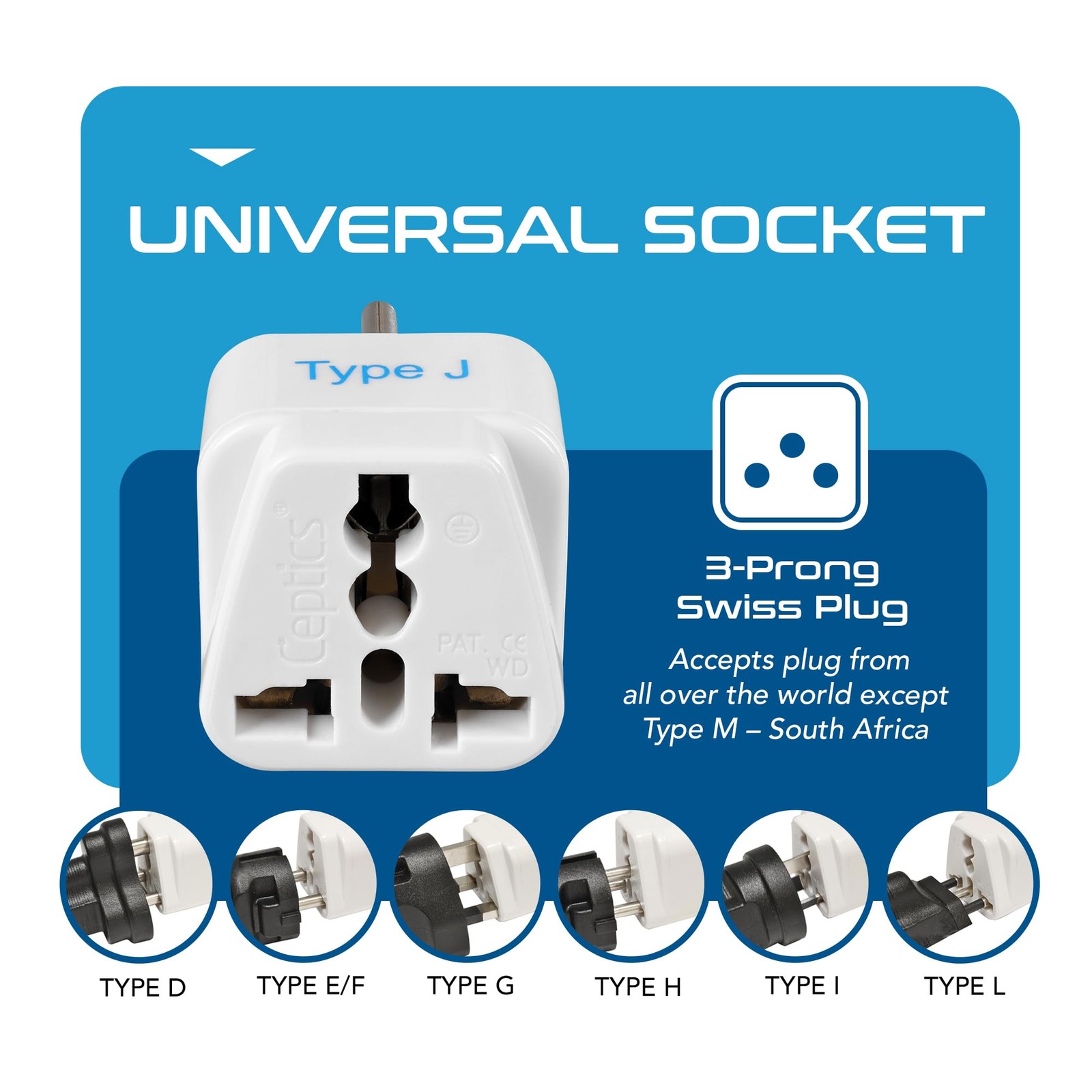 Switzerland Travel Plug Adapter (Type J) - 3 Pack [Grounded & Universal] (GP-...