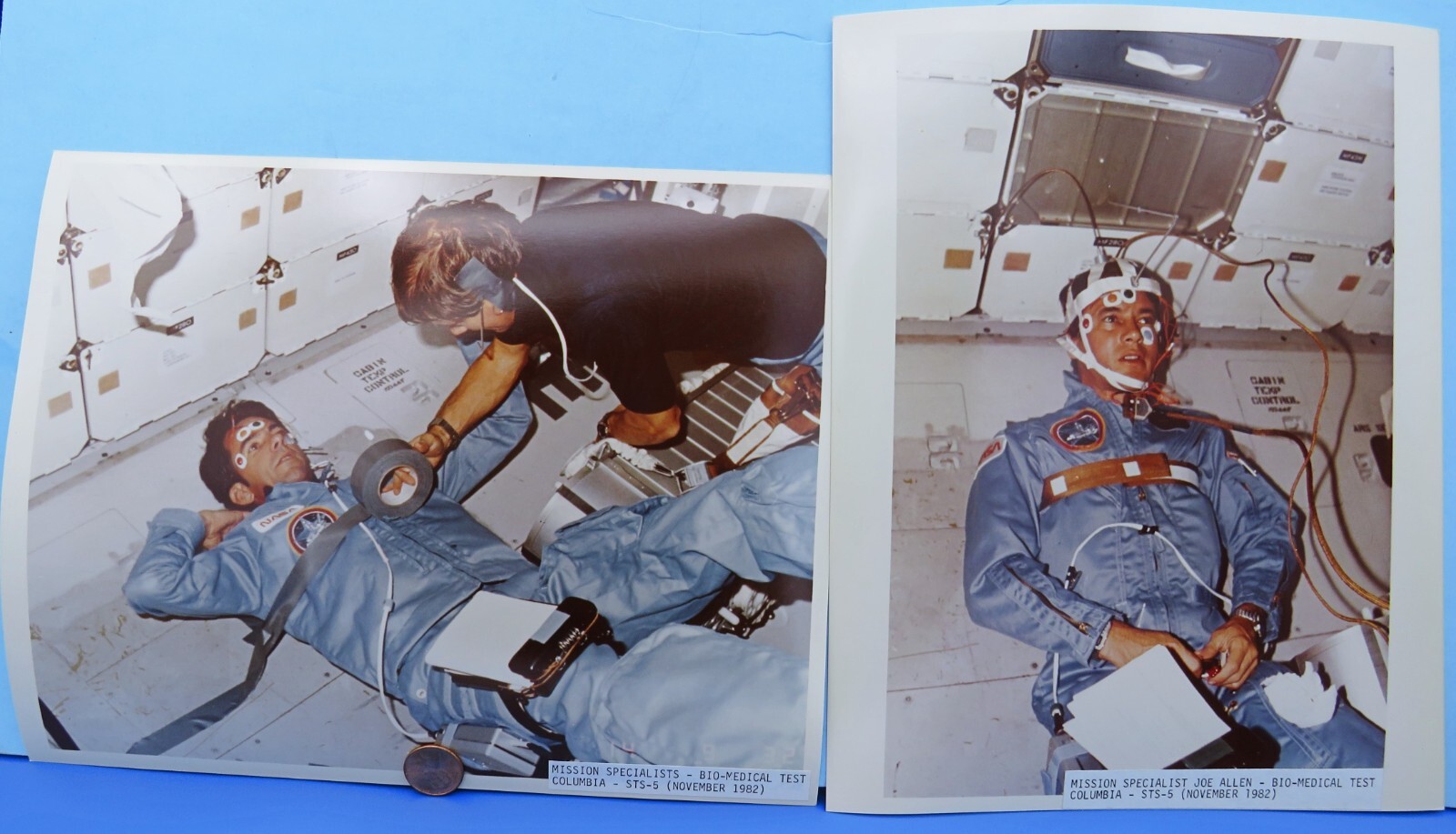 NASA PHOTO Pair vtg Space Shuttle COLUMBIA / STS-5 BIO-MEDICAL Test Joe ALLEN