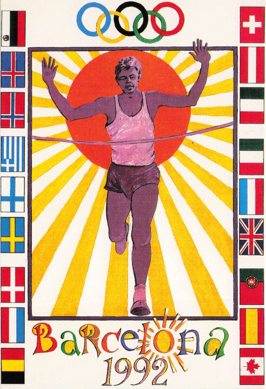 1992 Olympics Barcelona Spain Flags Vintage Continental Postcard Unposted