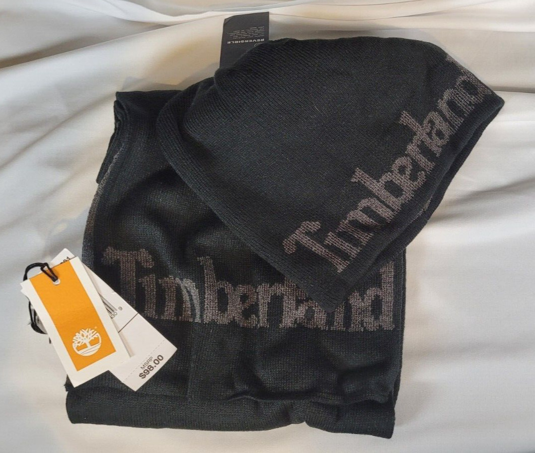Timberland Logo Jacquard Scarf & Hat Gift Set, Black OS Reversible FREE SHIPPING