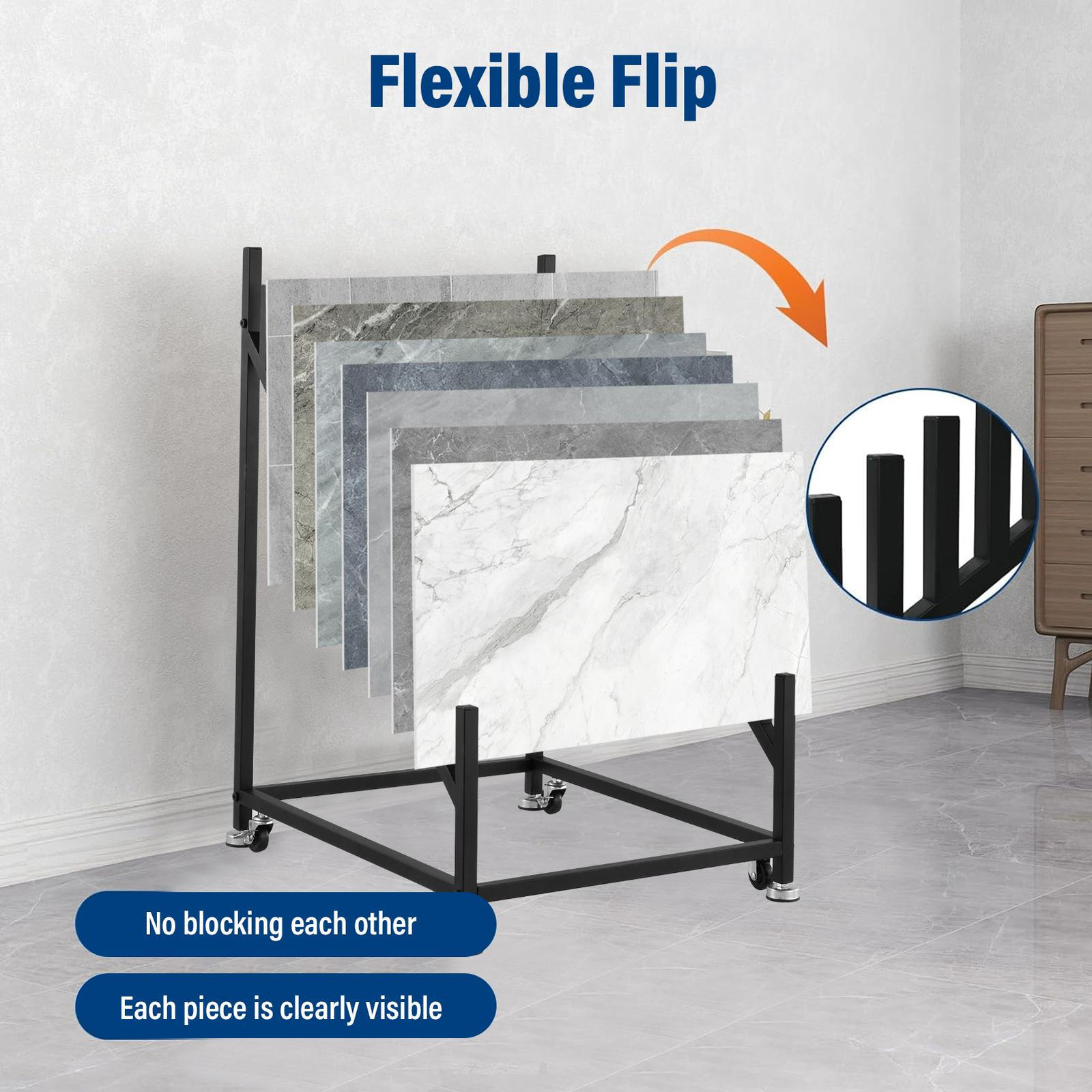 Standing Slotted Flooring Display Shelf, Tile Display Rack W/ Universals Wheel