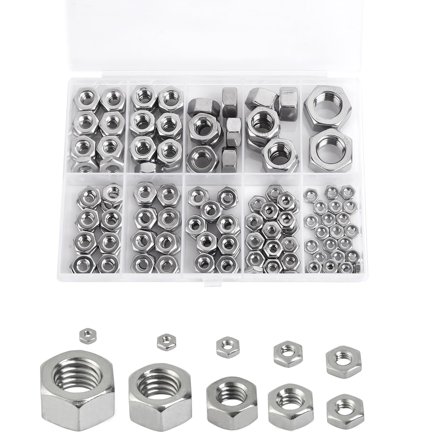 150 PCS Hex Nuts Assortment Kit 4# to 1/2"13 304 Stainless Steel Hardware