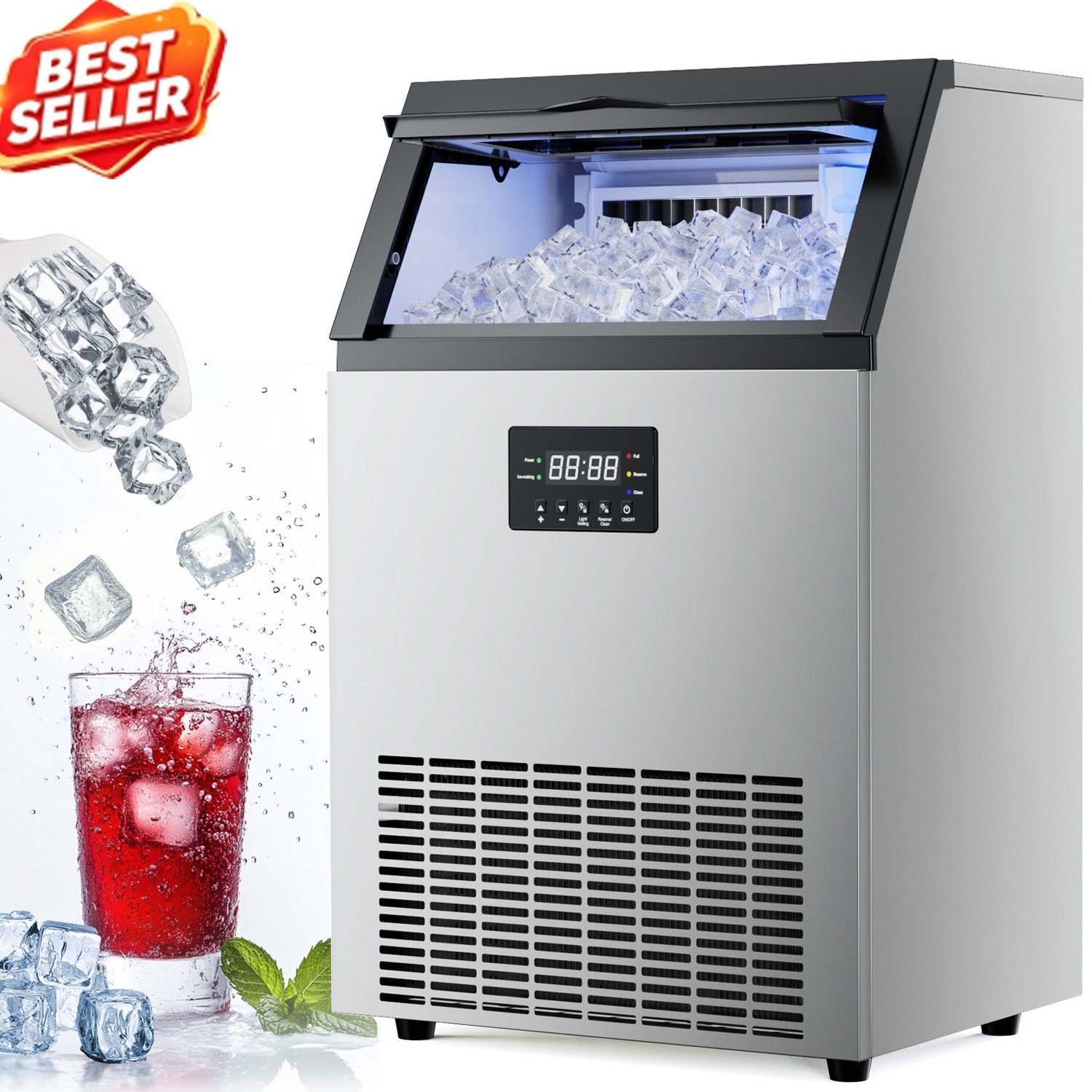 Commercial Ice Maker 150lbs/24H Freestanding Ice Cube Machine with 45 Ice Cubes