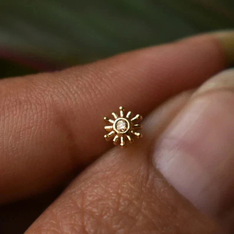 3MM Simulated Diamond Sun Nose Pin Piercing For Women's 14K Yellow Gold Plated