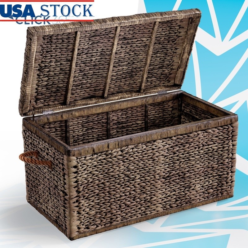 Woven Water Hyacinth Storage Trunk Rustic Toy Chest W/ Handles Living Room New