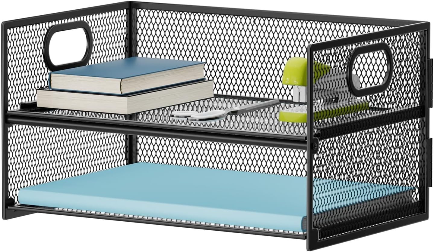 Letter Tray Organizer Mesh File Holder with Handle 2 Tier Paper Sorter Desk