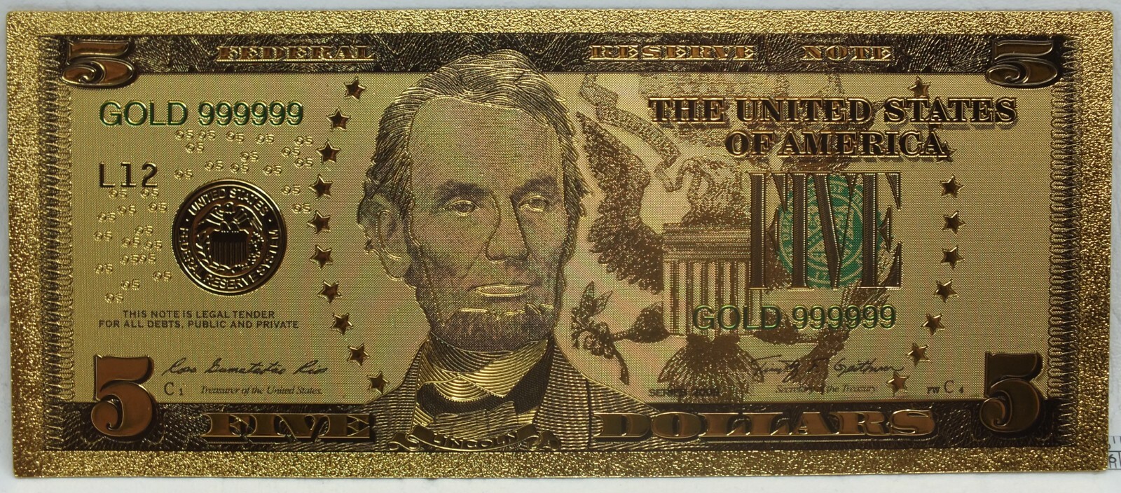 2009 $5 Federal Reserve Note Novelty 24K Gold Foil Plated Note Bill 6" - GFN19