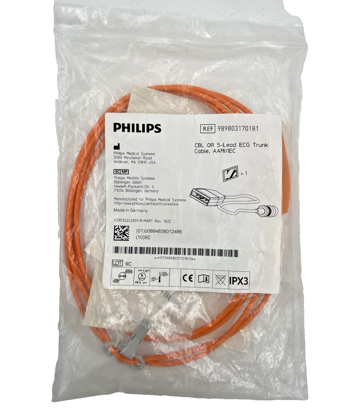 Philips CBL OR 5-Lead ECG Trunk Cable, AAMI/IEC REF 989803170181
