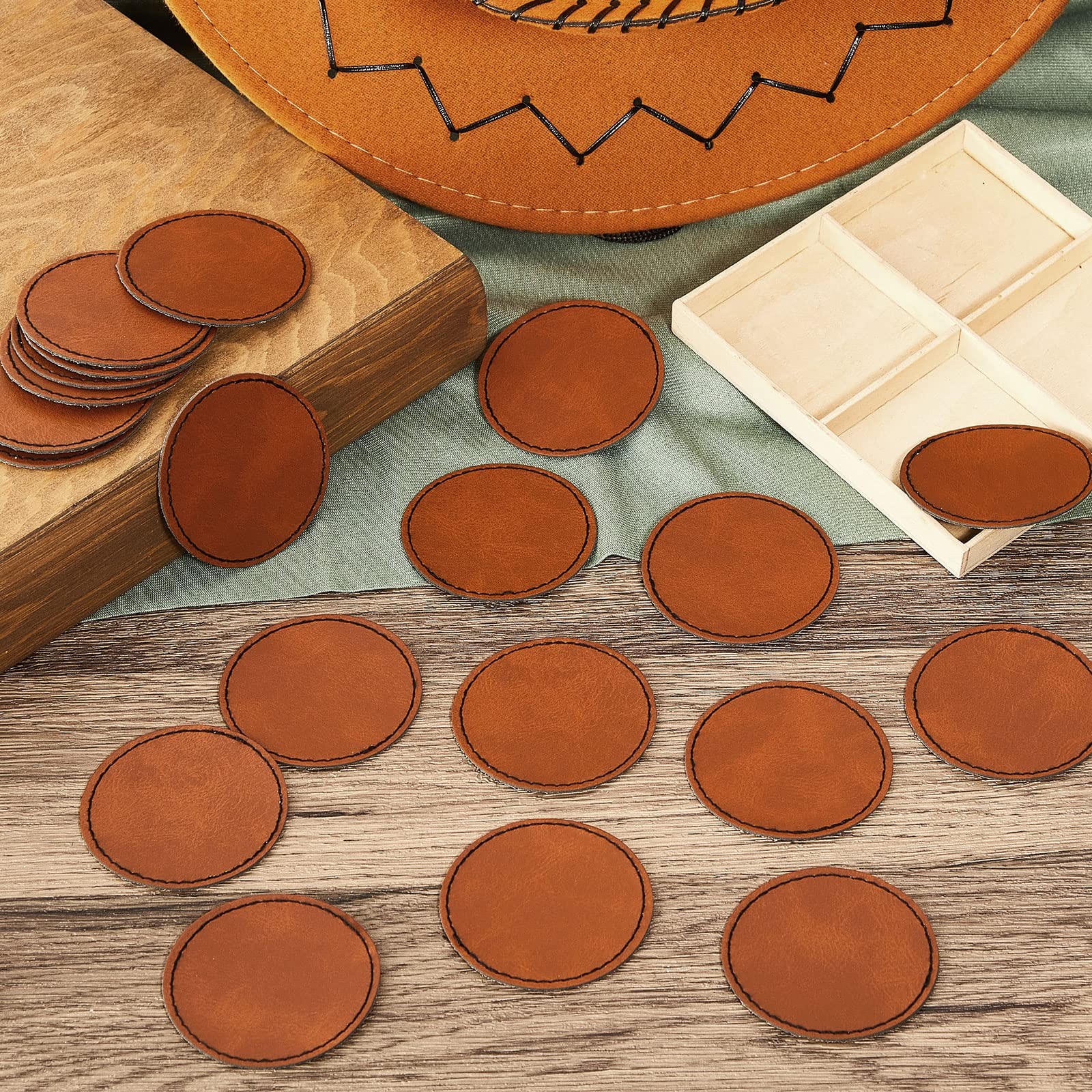 100 Pcs Round Laserable Leatherette Patch Blank Pu Leather 2.5 inches, Brown