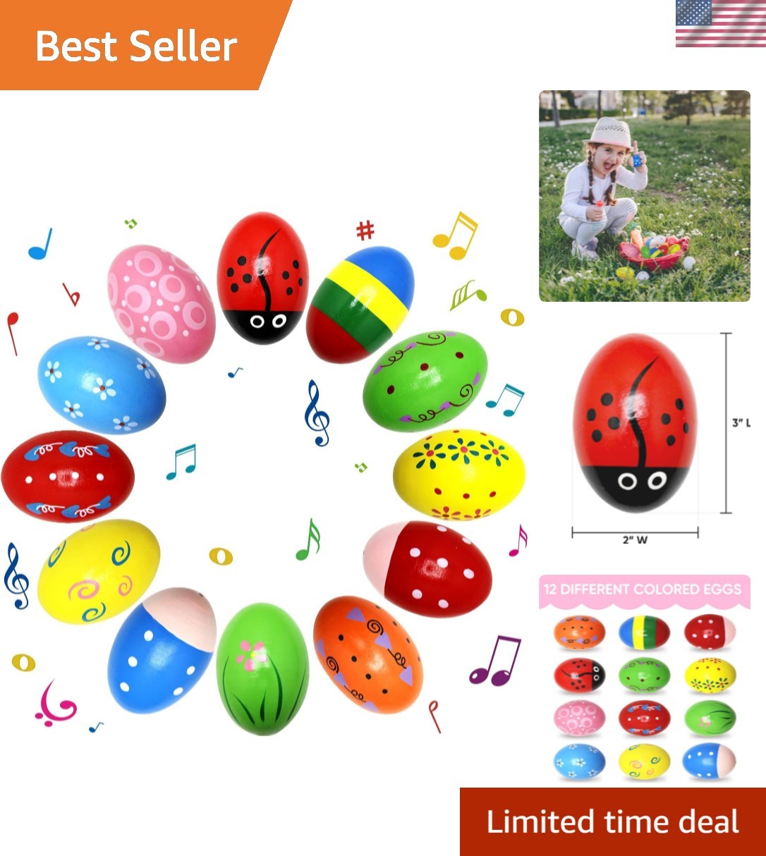 12 Pack Wooden Musical Eggs Shakers Maracas for Baby Kids Percussion Instrume...
