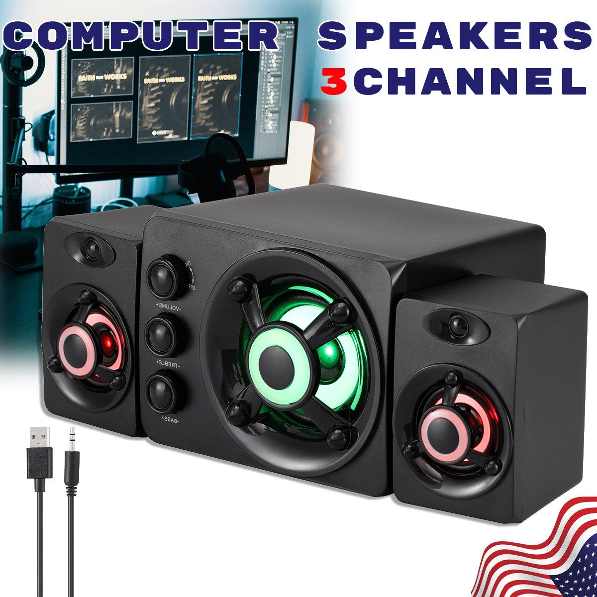 3channel Separate Wired Computer Speakers RGB LED Stereo Bass For Laptop Desktop