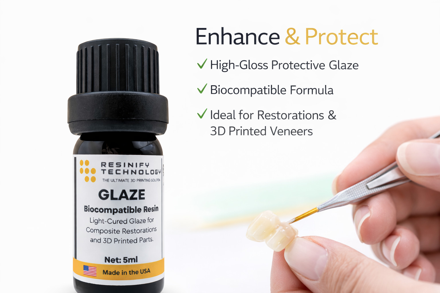 Resinify Glaze – All-Purpose Light-Cured Dental Glaze Resin | 5ml / 15ml Bottle