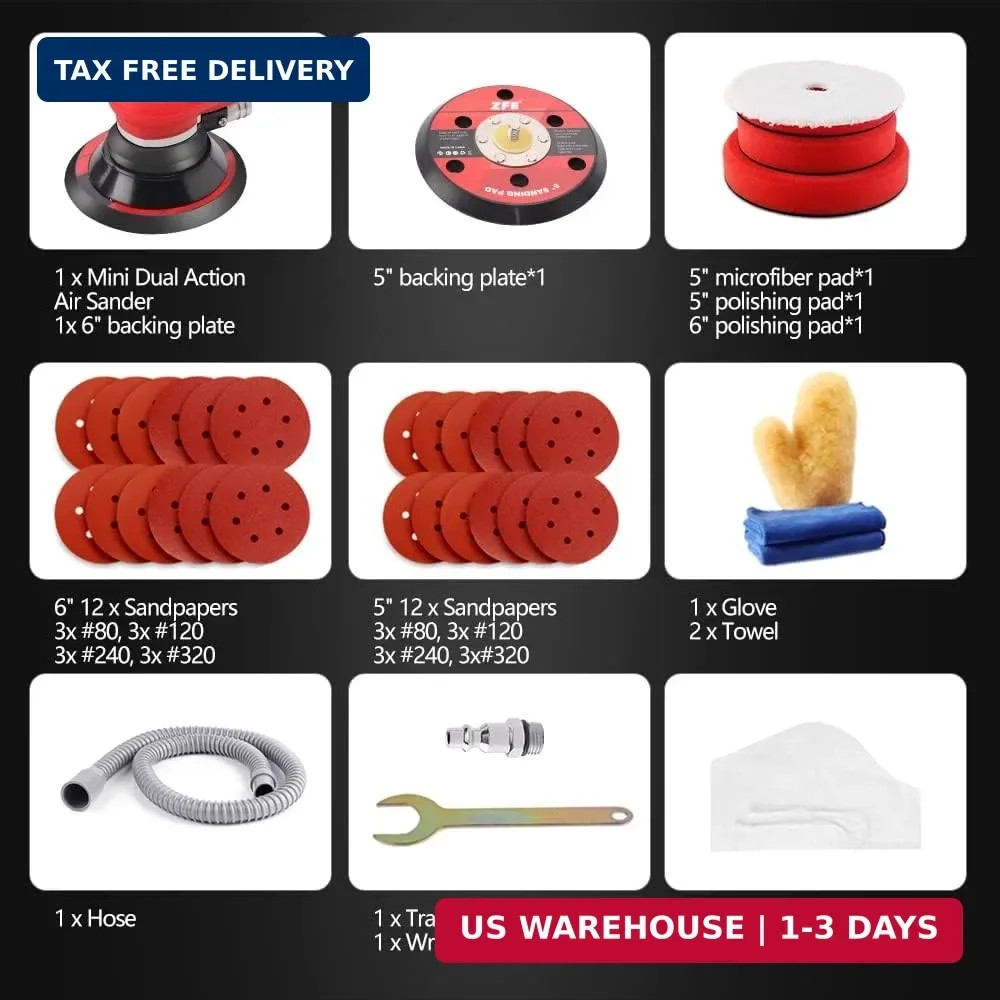 Random Orbital Sander 5" & 6" Pneumatic Palm Sander with Extra 5" Backing Plate,