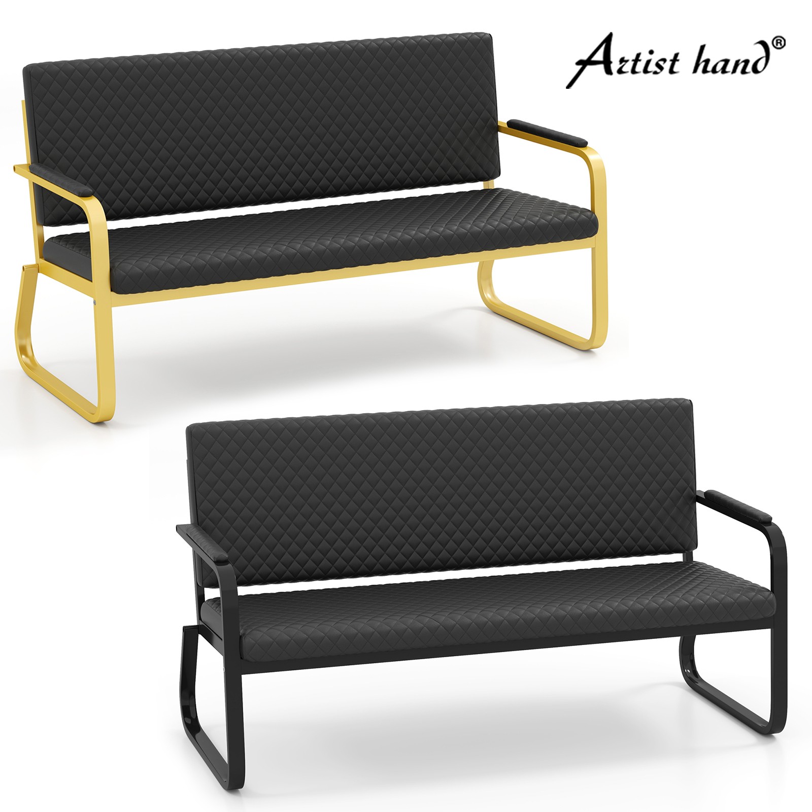 Black Reception Chairs PU Leather Guest Waiting Seat Bench Barber Salon Office