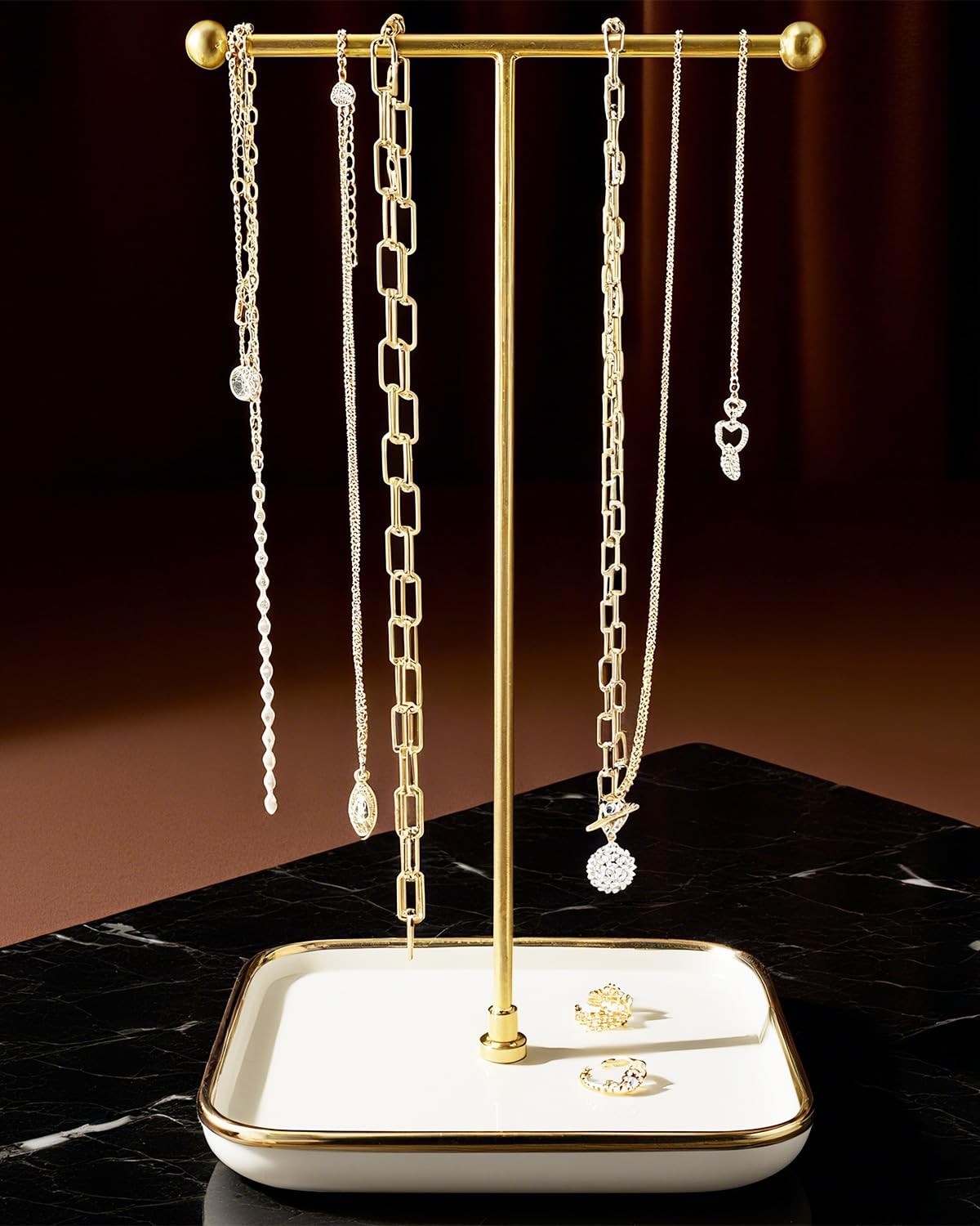 VROOMIUM Necklace Holder- Ceramic Base 1ft Height Jewelry Sq. Lux White