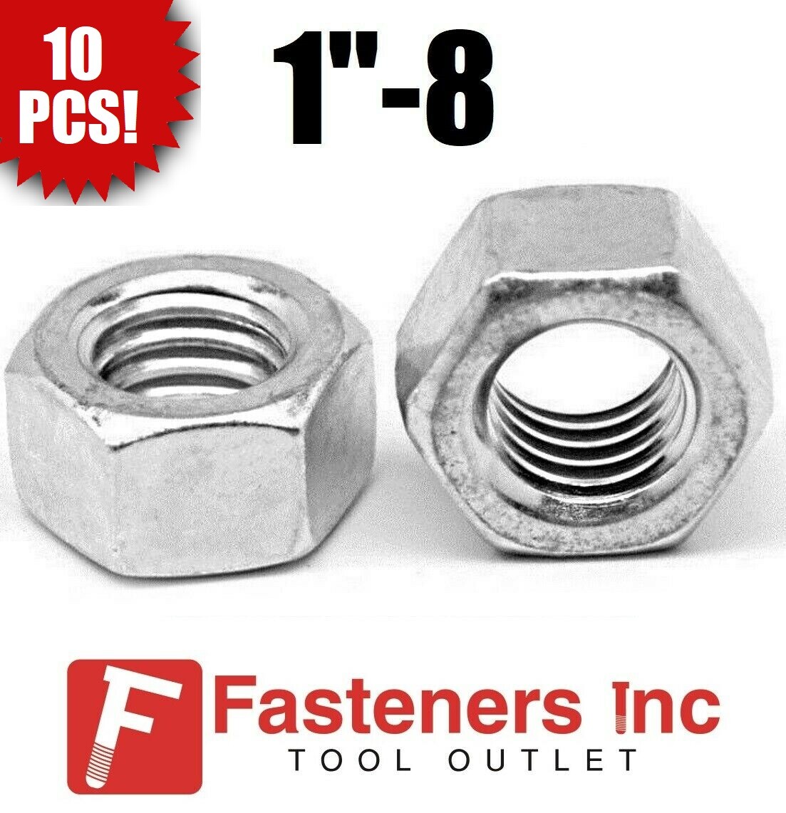 (Qty 10) 1"-8 Low Carbon Grade 2 Finished Hex Nuts Zinc Plated