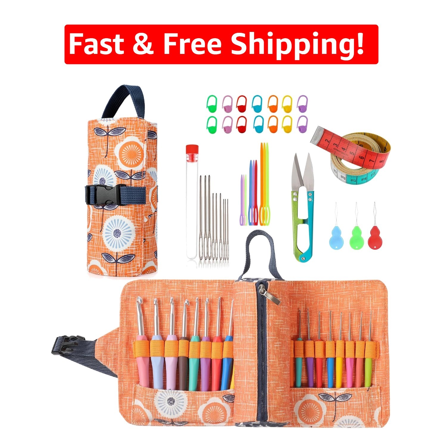 21 Sizes Ergonomic Crochet Hooks Set 0.5–10.0mm with Soft Grip and Roll Bag