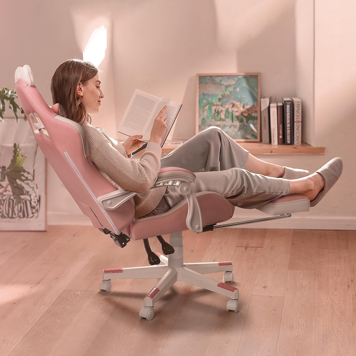 Pink Gaming Chair Cute with Cat Ears and Cat Paw Lumbar Cushion, Ergonomic Co...
