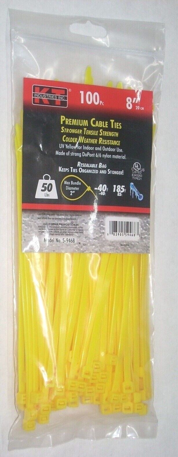 KT Industries 5-9468 Premium Yellow Cable Ties 8" Long 50 lb Cap 100 pk