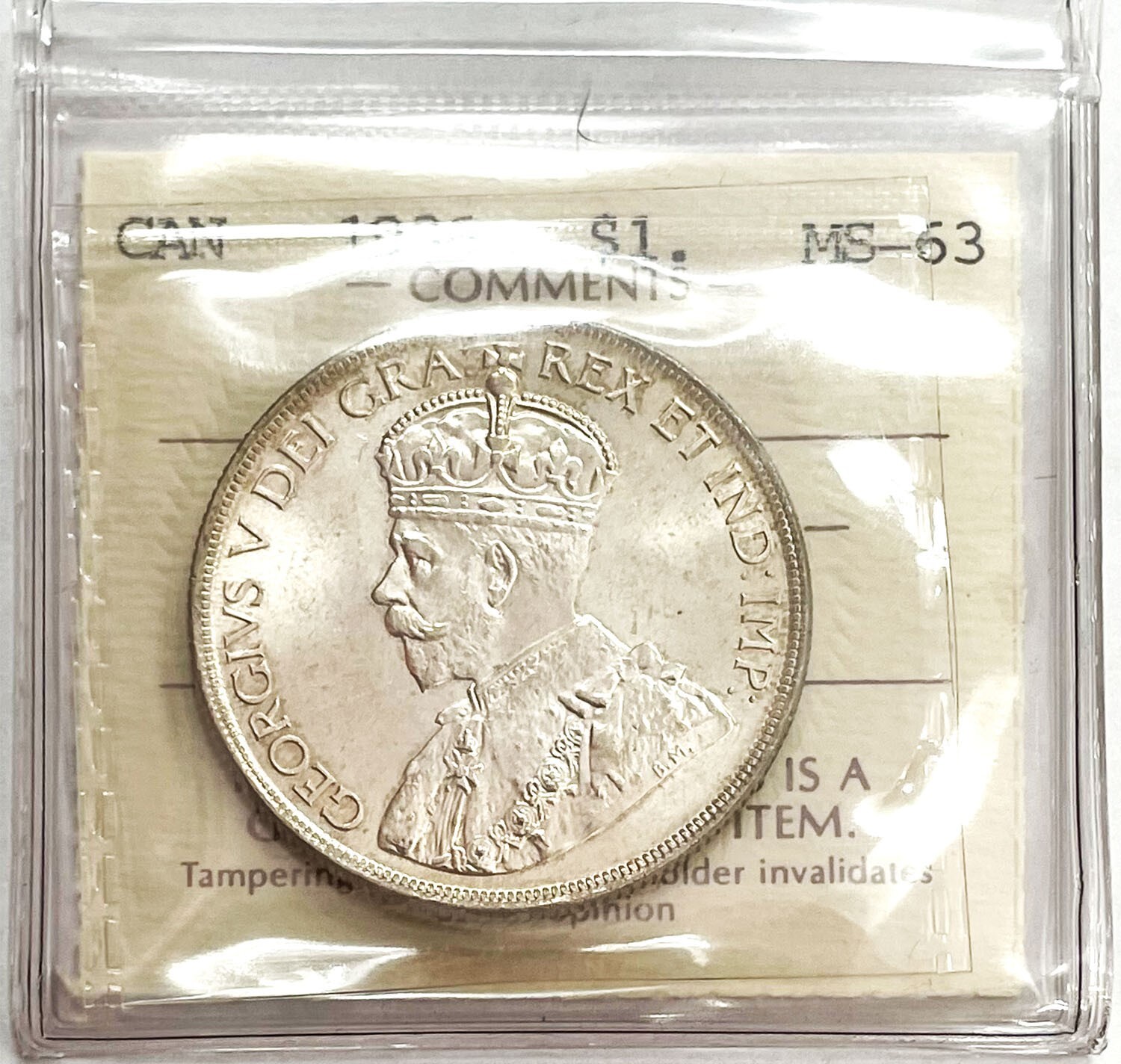 1936 SILVER CANADA $1 DOLLAR KING GEORGE V COIN ICCS MINT STATE 63