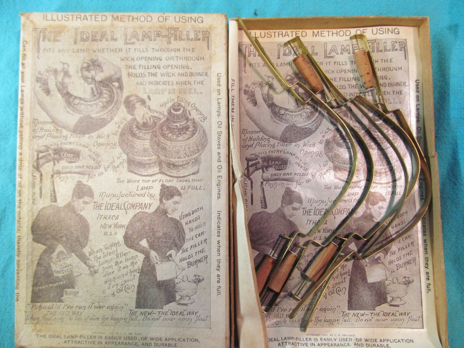 NOS 1895 THE IDEAL LAMP FILLER LOT OF 5 WITH INSTRUCTIONS C.E. VAN CLEEF