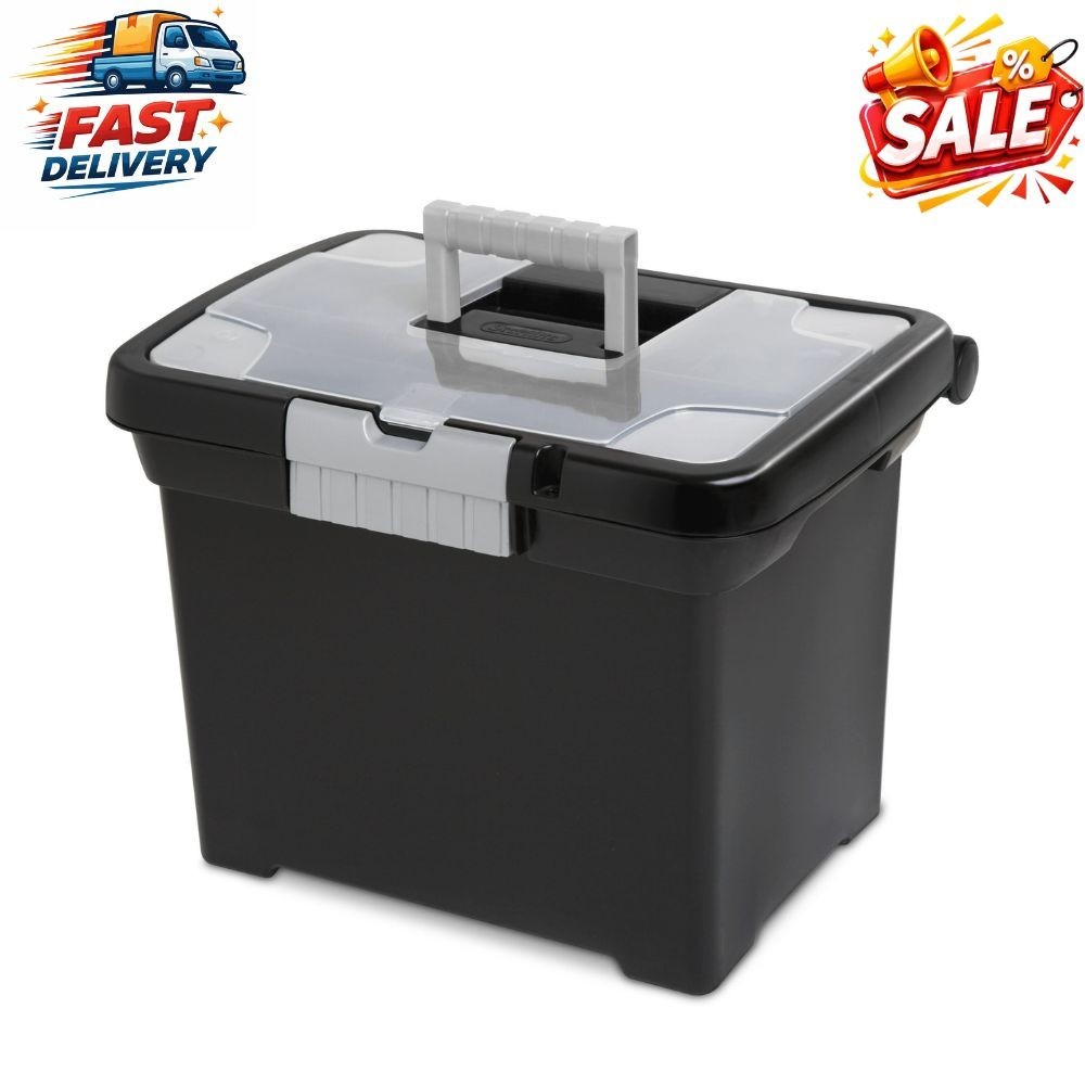 Plastic Storage Bin/ Portable File Box, 15" L x 10 7/8" W x 11 1/2" H, Black