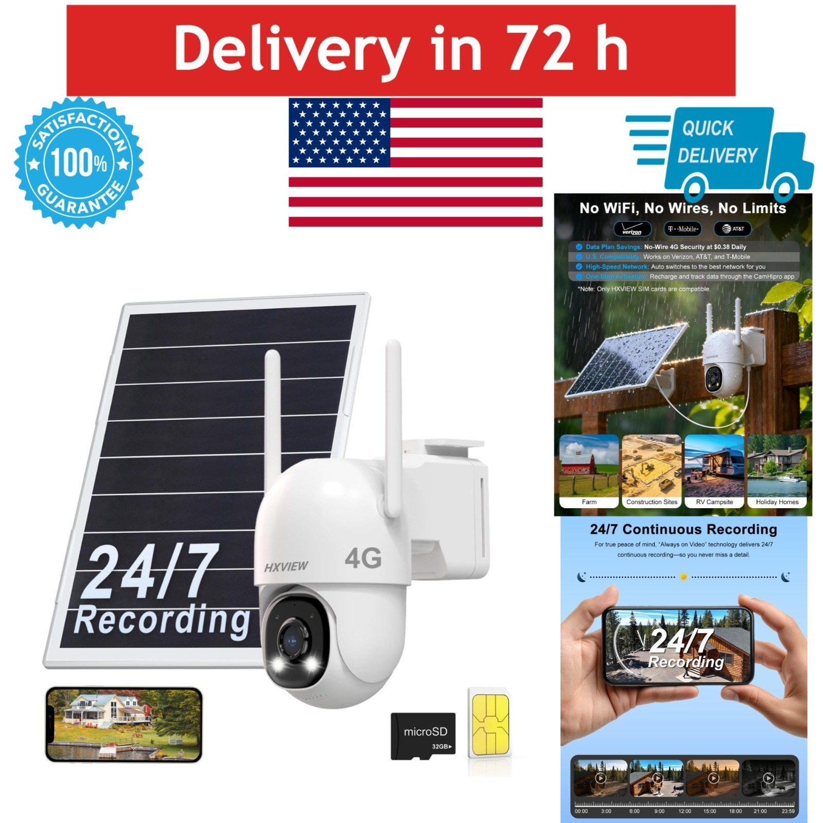 HXVIEW 4G LTE Cellular Solar Security Camera Outdoor Wireless