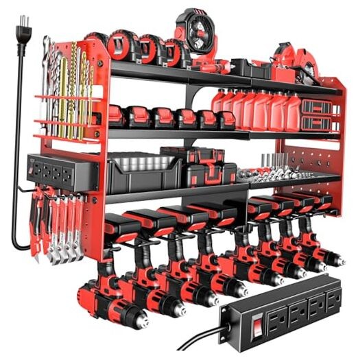 Large Power Tool Organizer Wall Mount with Charging Station, 4 Layer Heavy Red