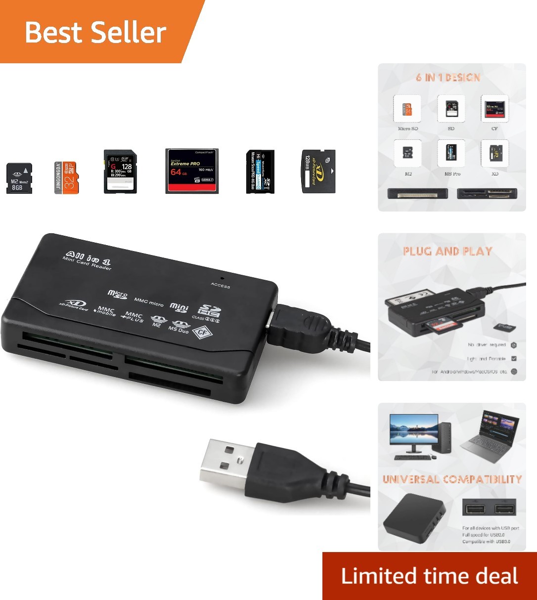 Plug & Play Card Reader: 6-in-1 for SD/Micro SD/CF/XD - Universal Compatibility
