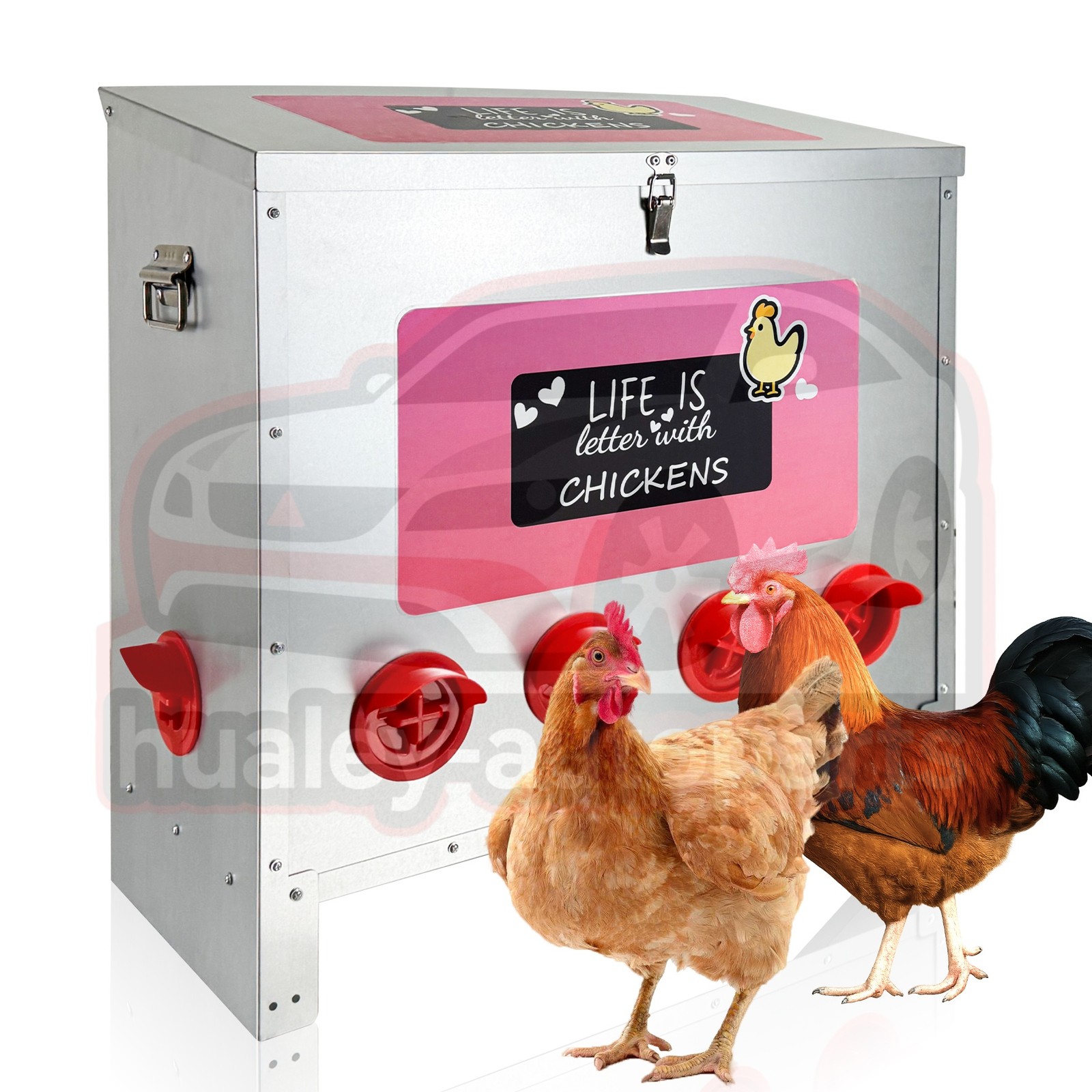 Extra-Large 85-120 lb Chicken Feeder 10 No-Waste Ports – Galvanized Metal Poult