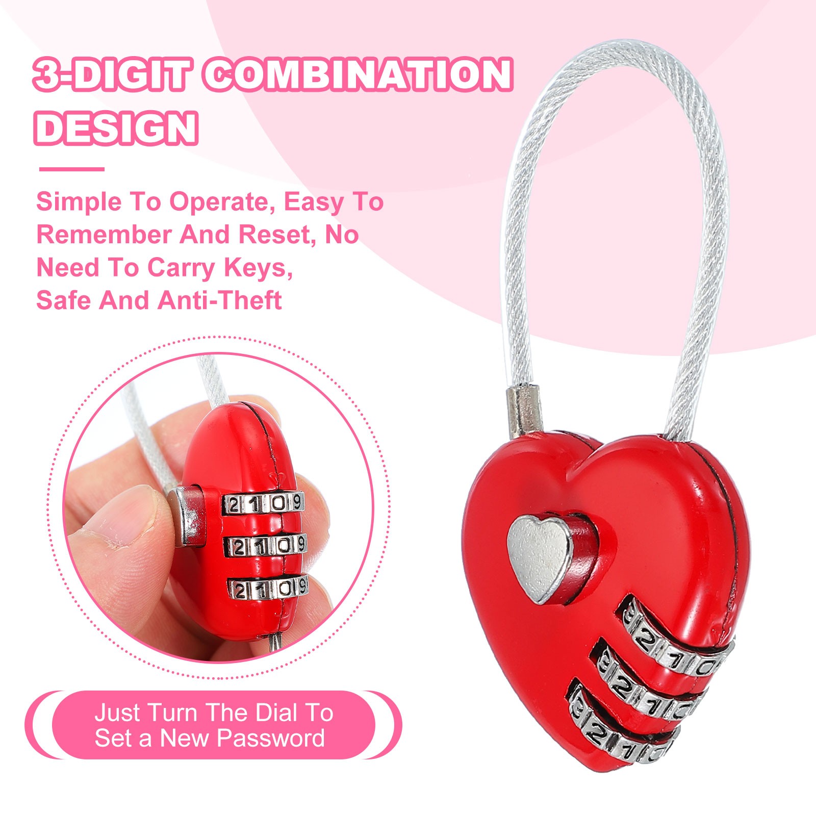2 Pack Heart Padlock Heart Shape Love Lock Combination Lock Locker Locks Red