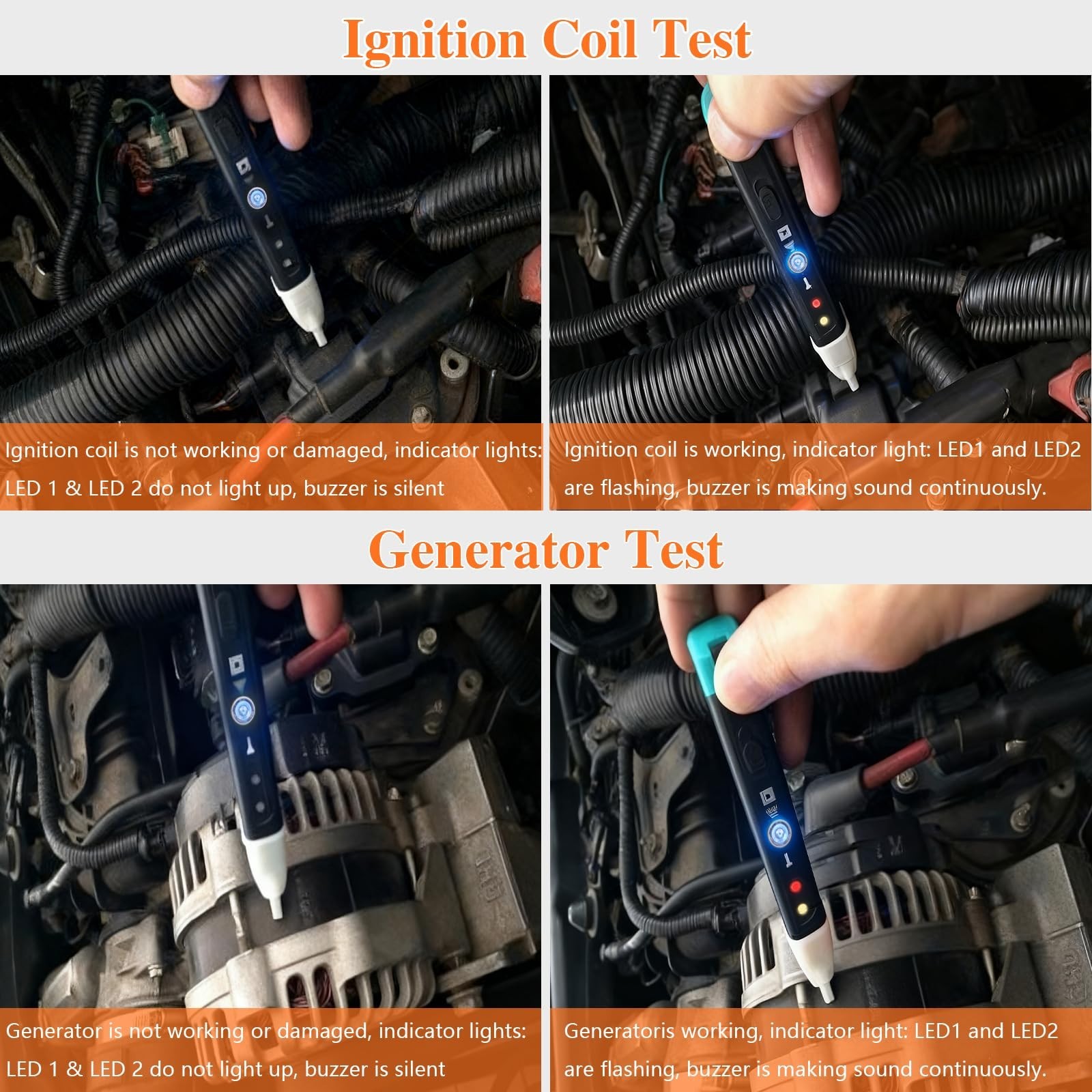Ignition Coil Tester Tool - Spark Plug & Relay Tester with LED, Automotive Diagn
