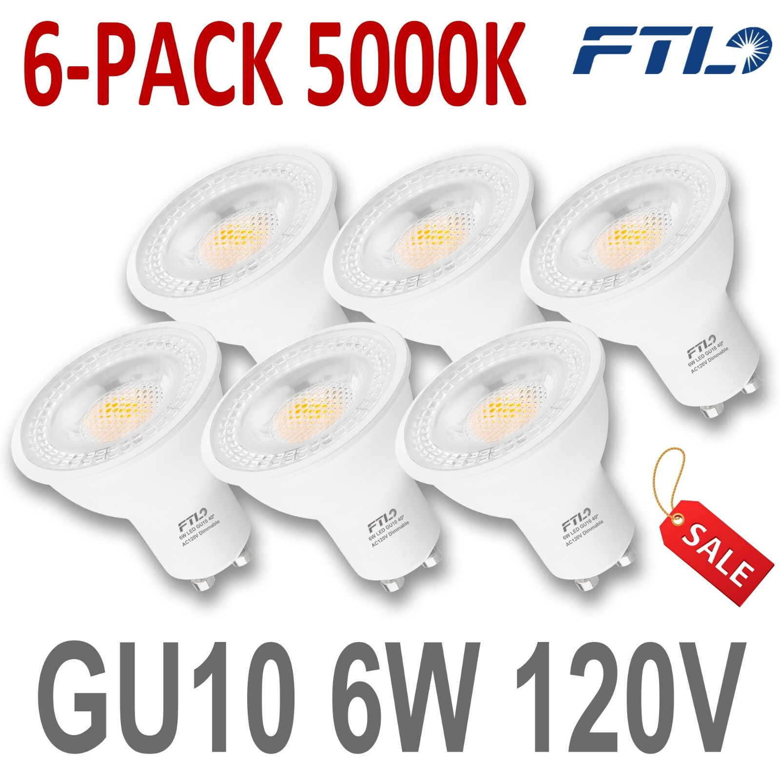 FTL GU10 LED Bulbs Dimmable 5000K Daylight White Spot Light 6W 600LM, 50W 6-Pack