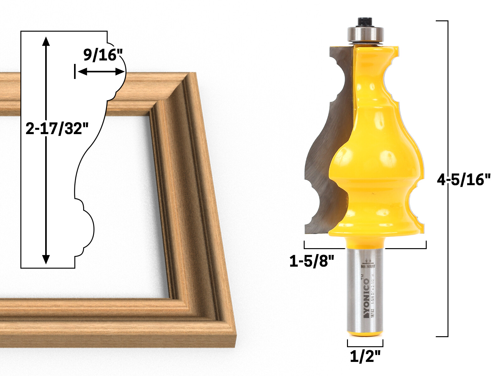 Large Elegant Picture Frame Molding Router Bit - 1/2" Shank - Yonico 16192