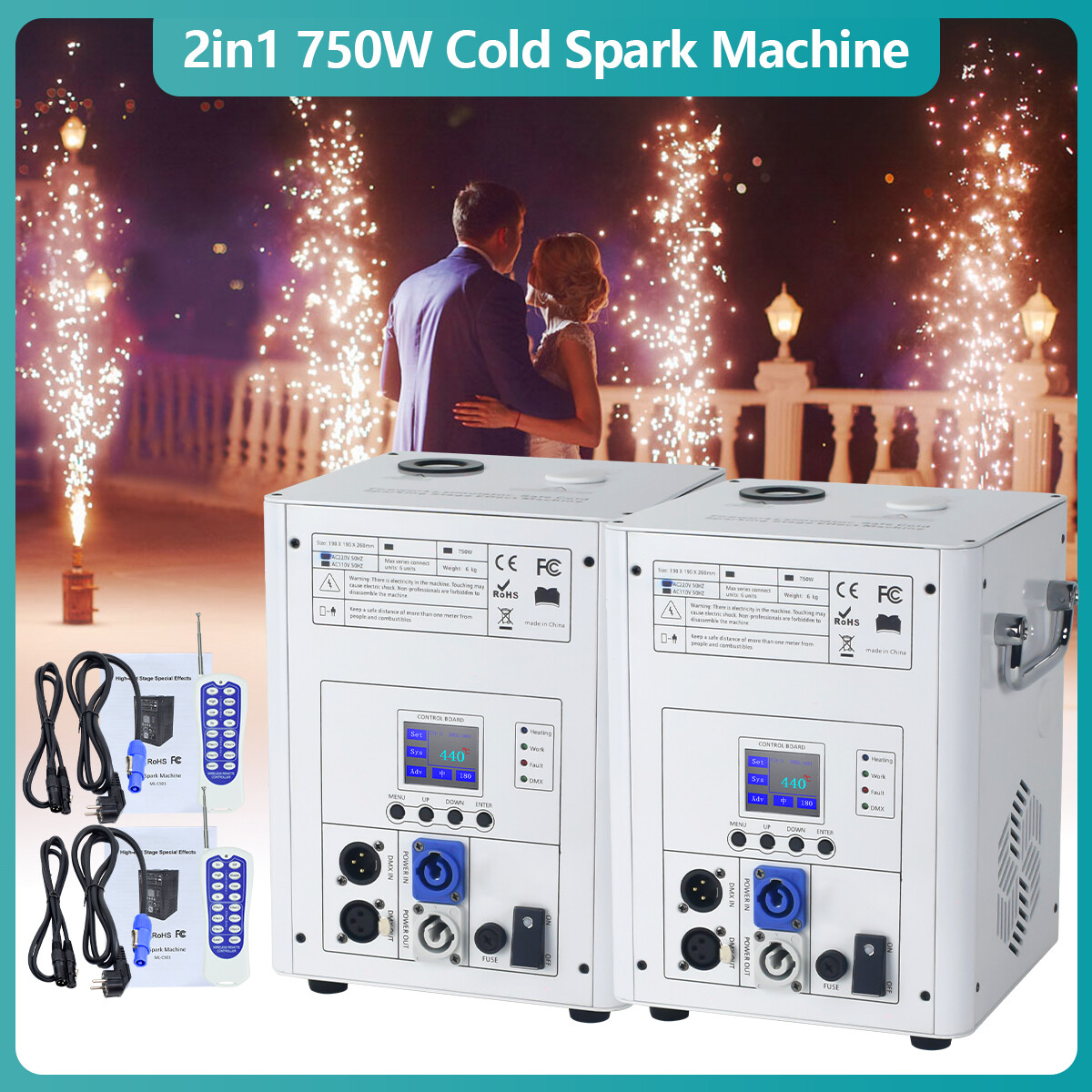 2Pack 750W Cold Spark Machine Firework Machine DMX DJ Stage Effect with Handle